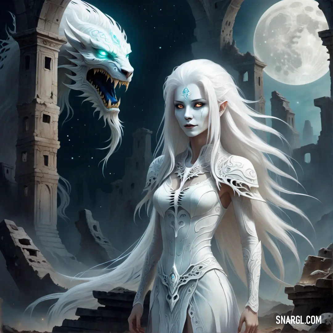Banshee in white with a dragon on her shoulder