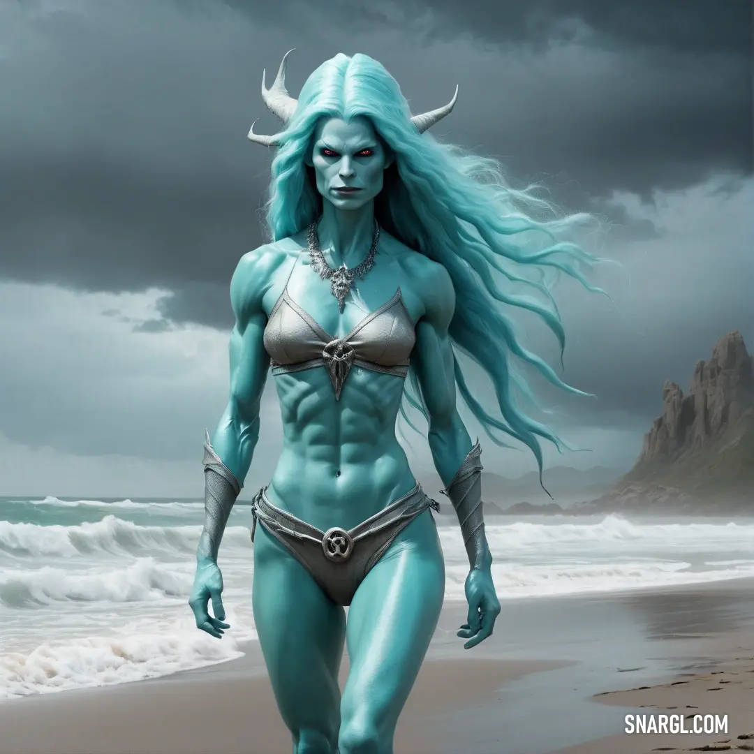 Banshee with blue hair and a bikini on a beach near the ocean with a mountain in the background