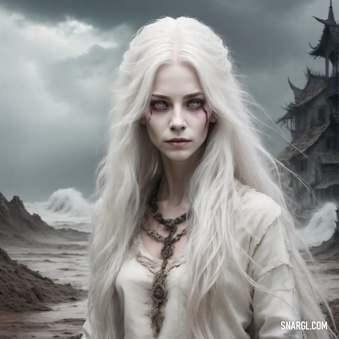 Banshee with long white hair and a necklace on her neck standing in front of a castle with a dark sky