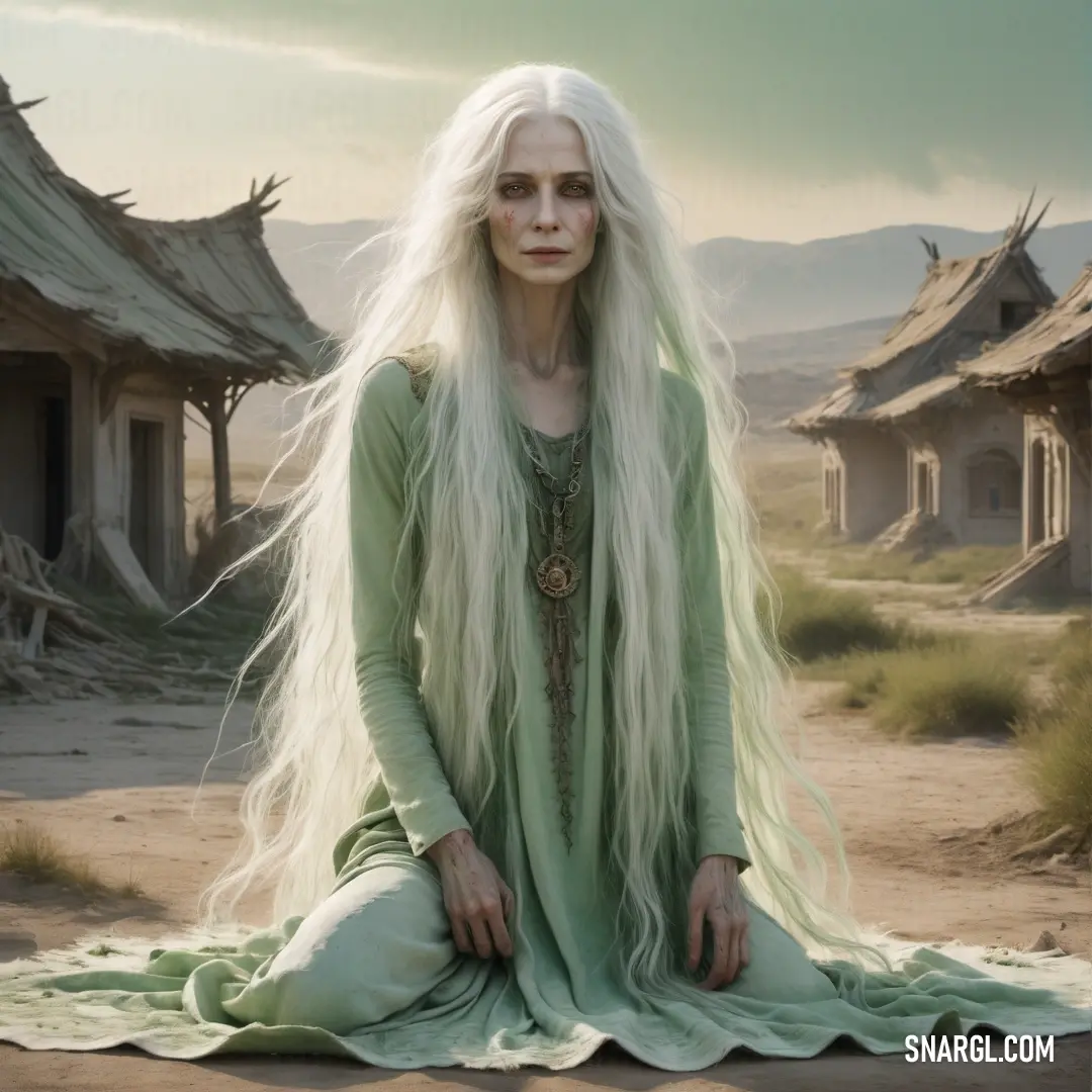 Banshee with long white hair on a blanket in front of a village with old buildings and a sky background