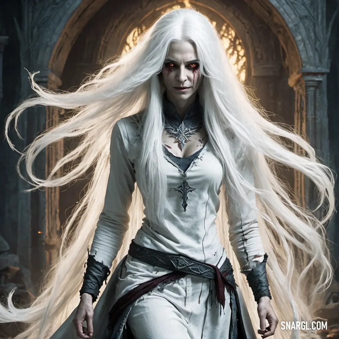 Banshee with long white hair and a white dress with a sword in her hand and a white outfit with black trim