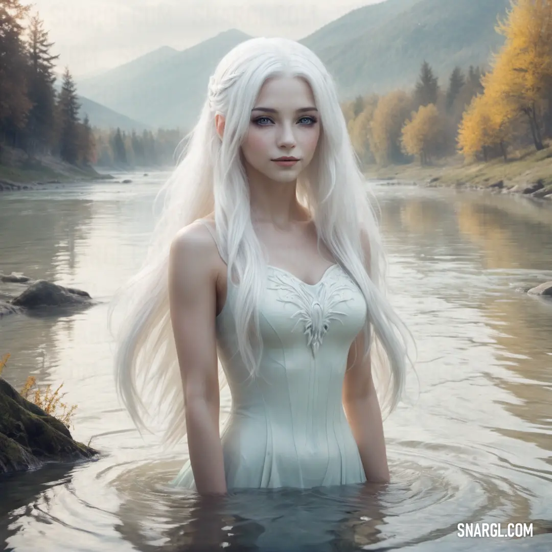 Banshee with long white hair standing in a river with mountains in the background