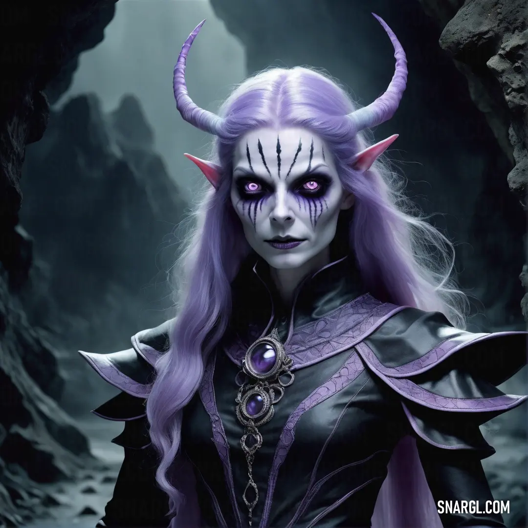 Woman with purple hair and horns in a cave with a demon face makeup and horns on her head