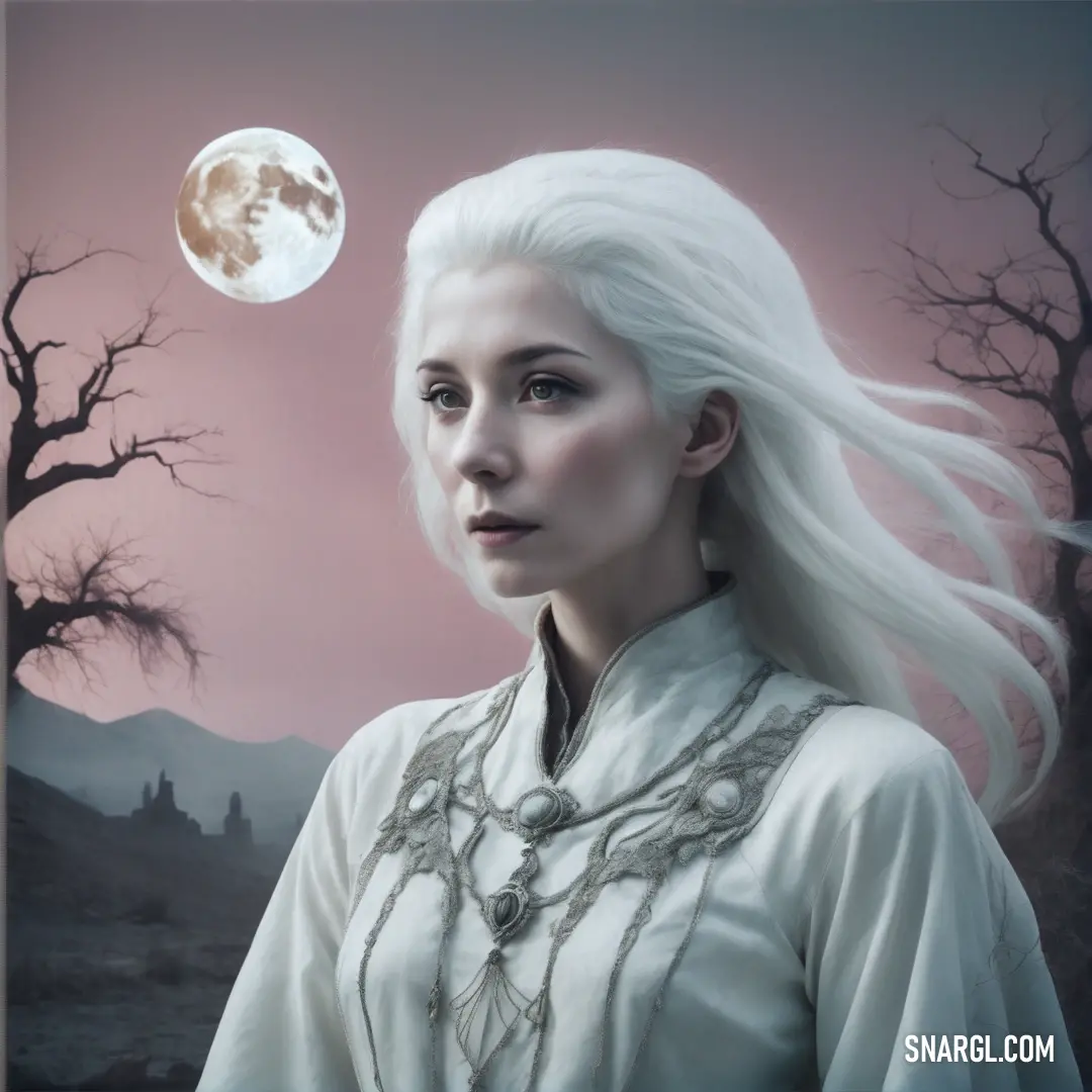 Banshee with white hair and a white dress is standing in front of a full moon and trees with a pink sky