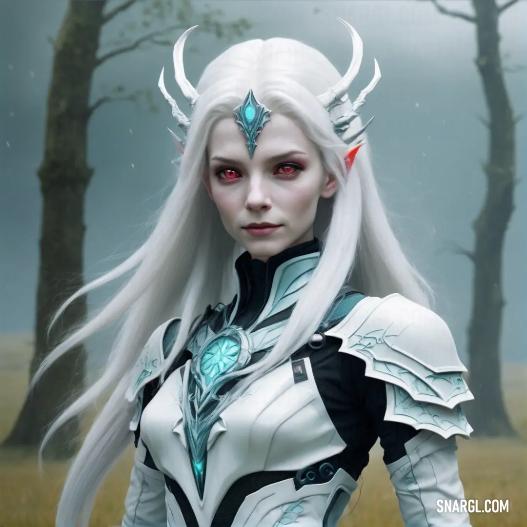 Banshee with white hair and horns standing in a field with trees in the background and fog in the sky