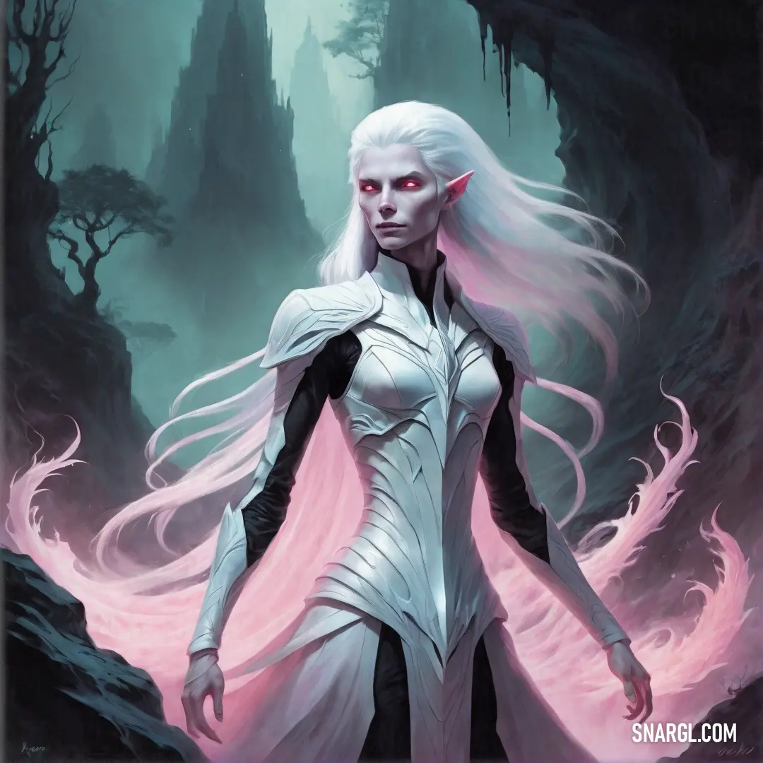 Woman with white hair and a white dress standing in a forest with a red light on her face