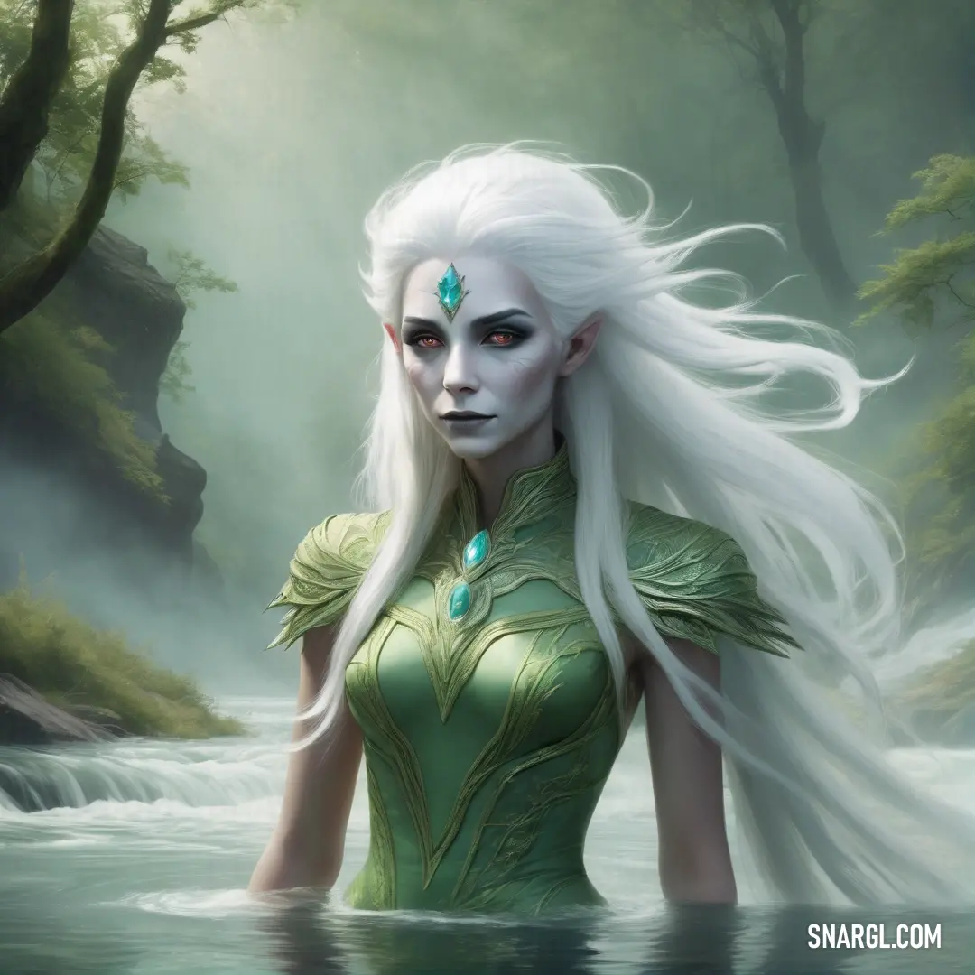 Banshee with white hair and green makeup standing in water with trees in the background