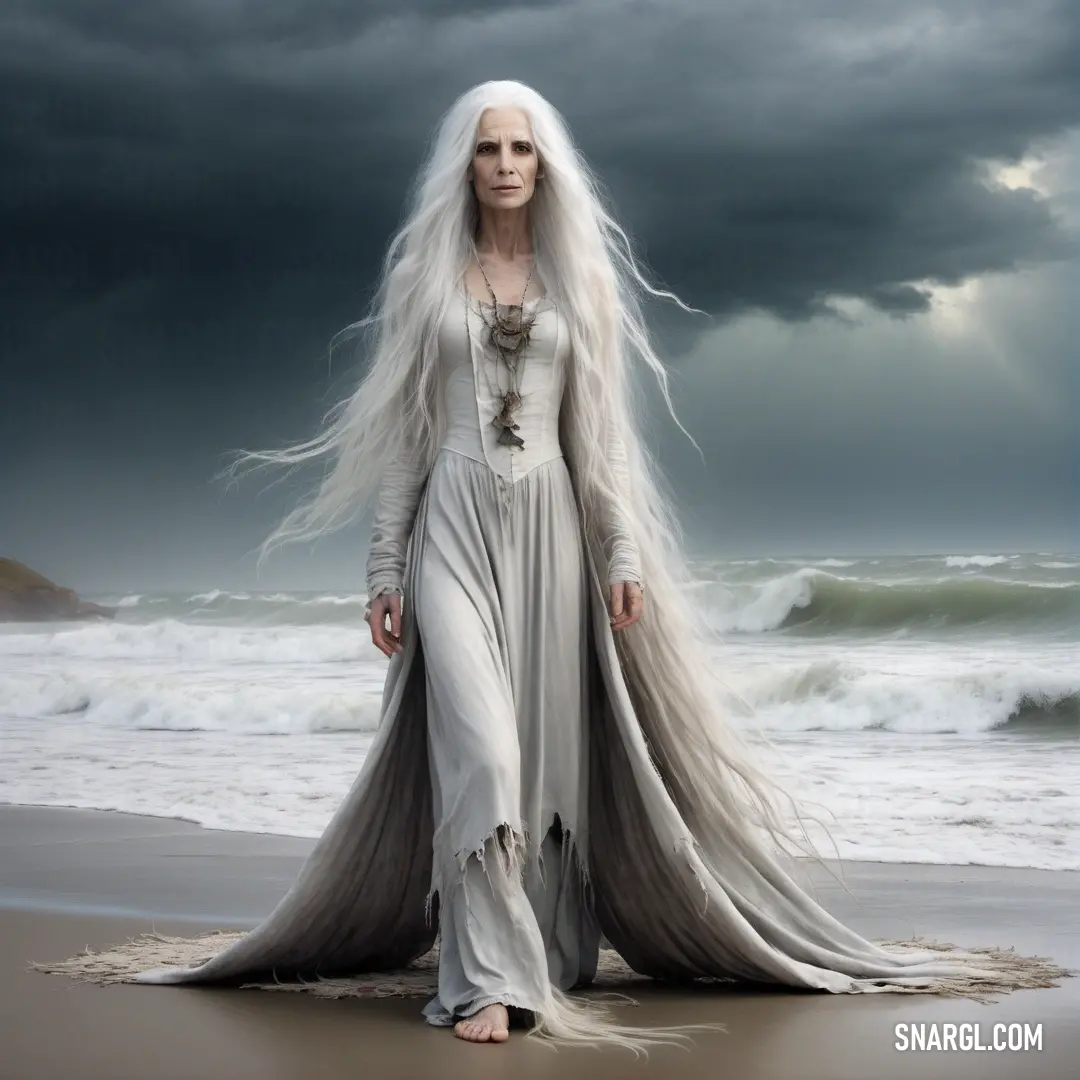 Banshee with white hair and a long dress on a beach with a storm in the background