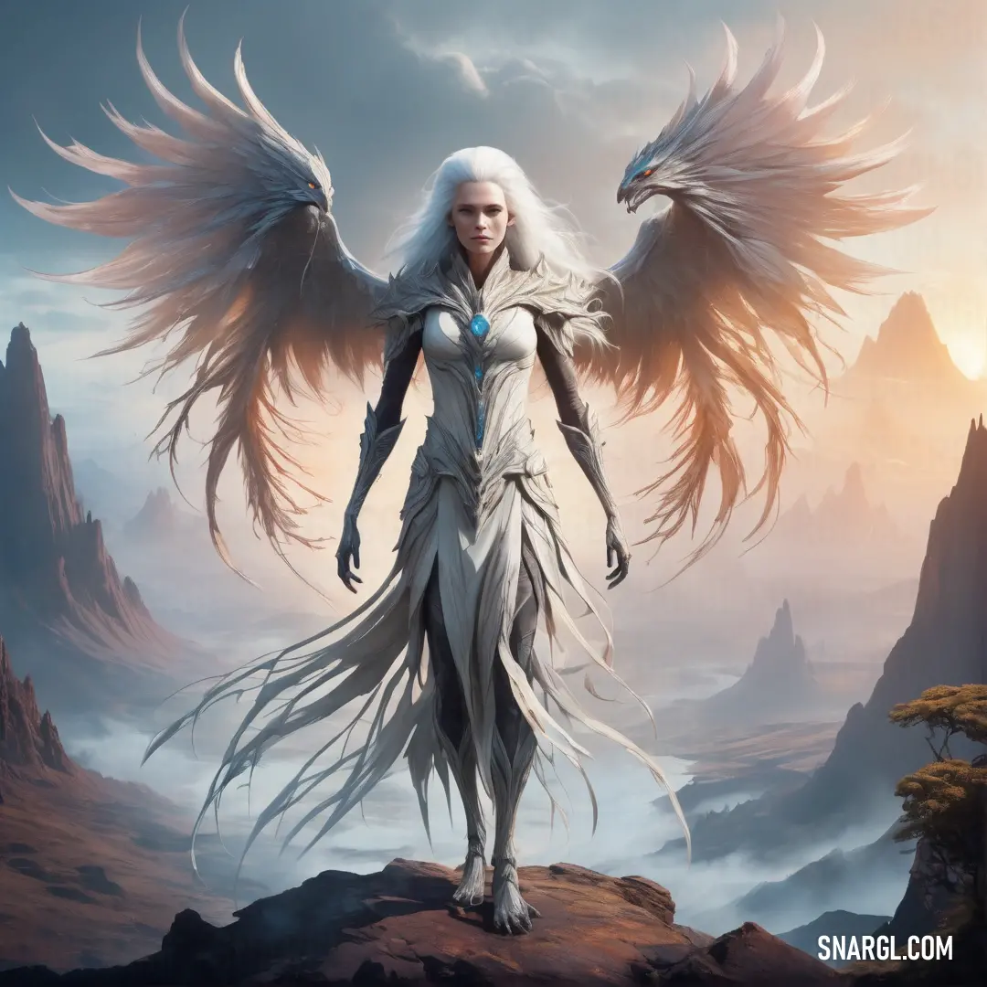 Banshee with white hair and wings standing on a mountain top with a bird like body and wings on her back