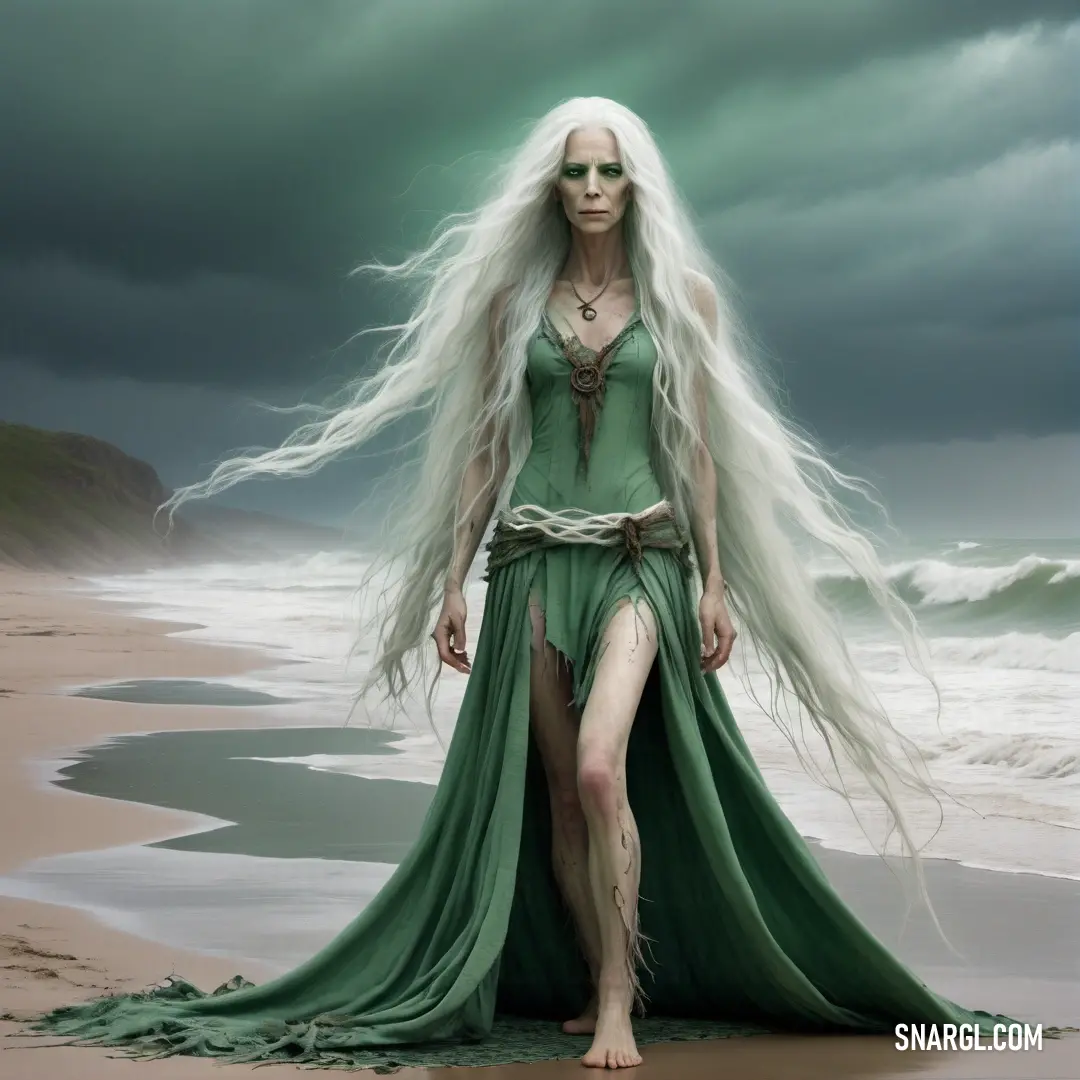 Banshee with white hair and green dress on a beach with waves crashing in the background