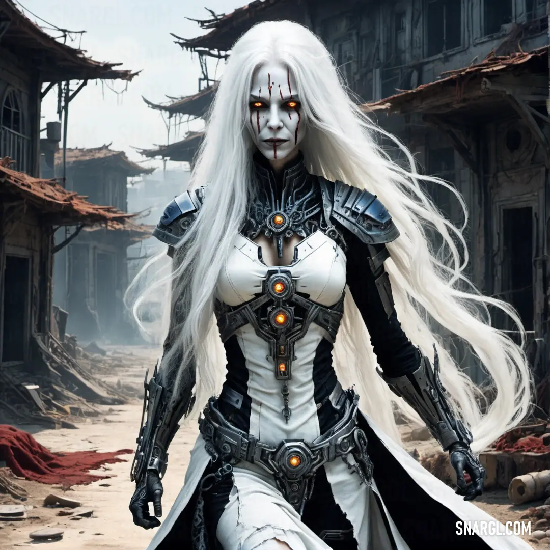 Banshee with white hair and makeup walking down a street in a futuristic city with buildings and a clock