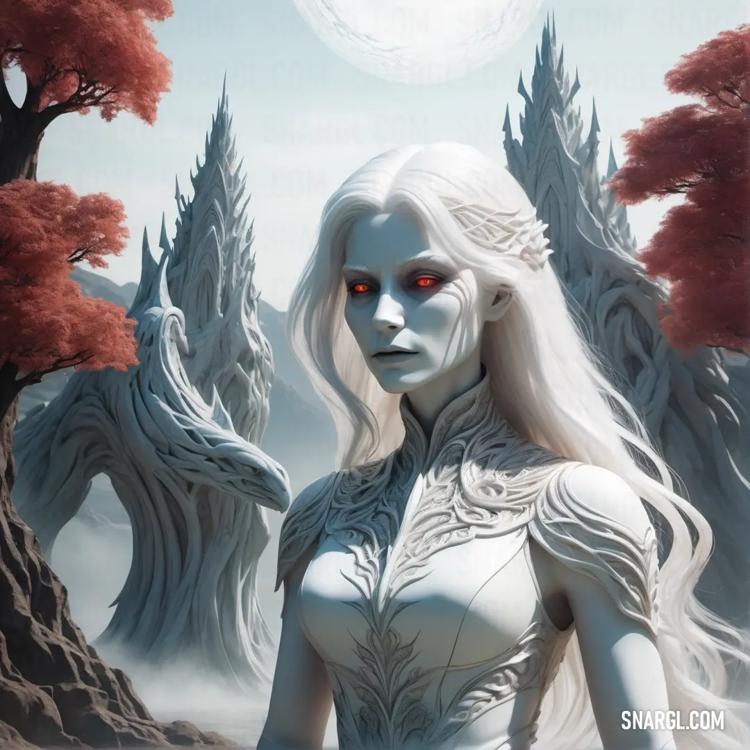 Banshee with white hair and red eyes standing in front of a forest with trees and a moon in the sky