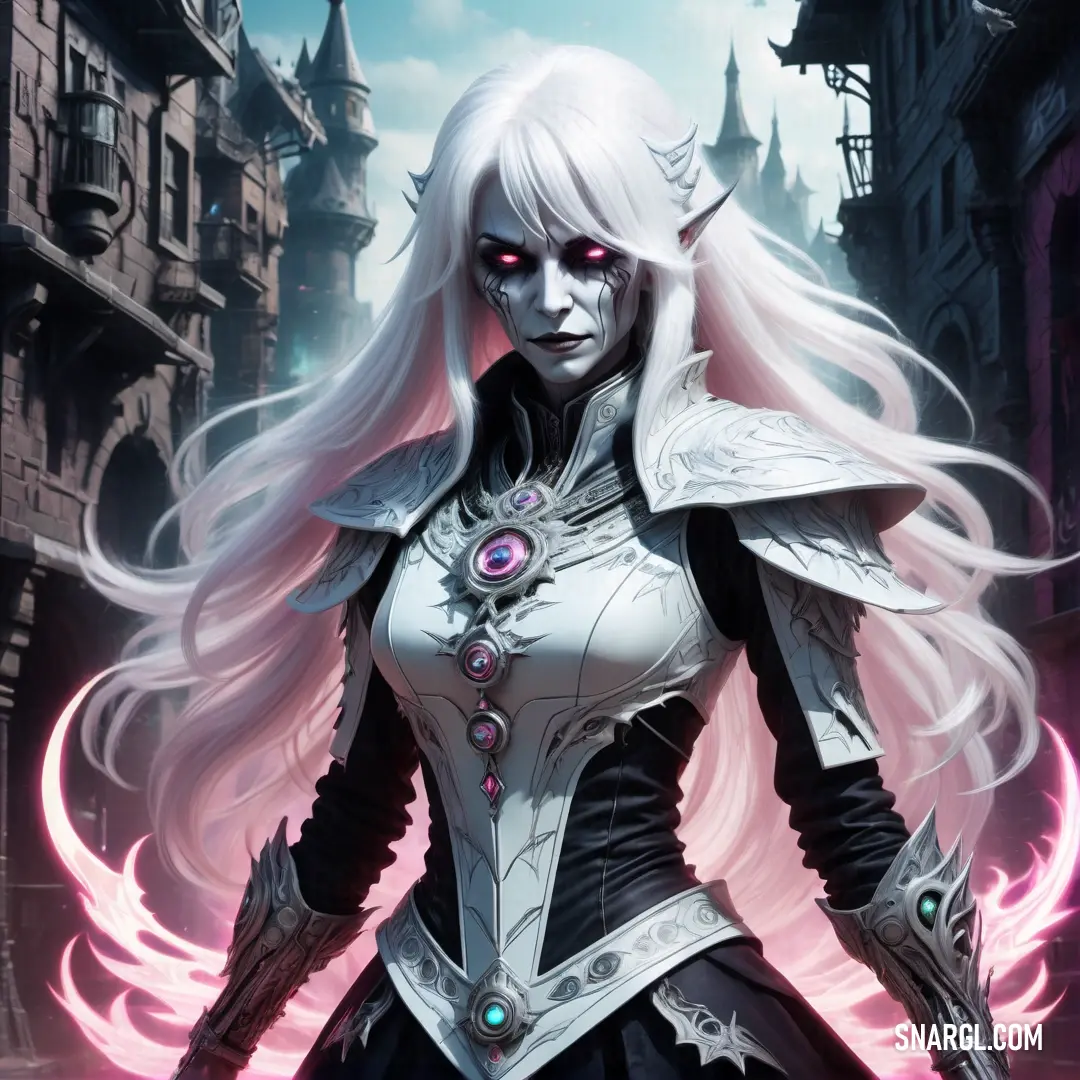 Banshee with white hair and a white outfit with red eyes and a white hair