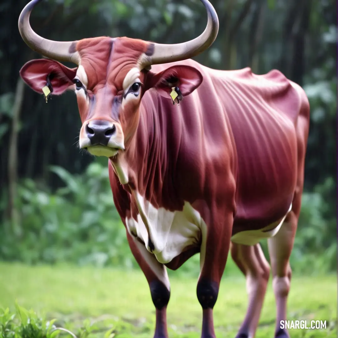Brown and white cow with horns standing in a field of grass and trees in the background