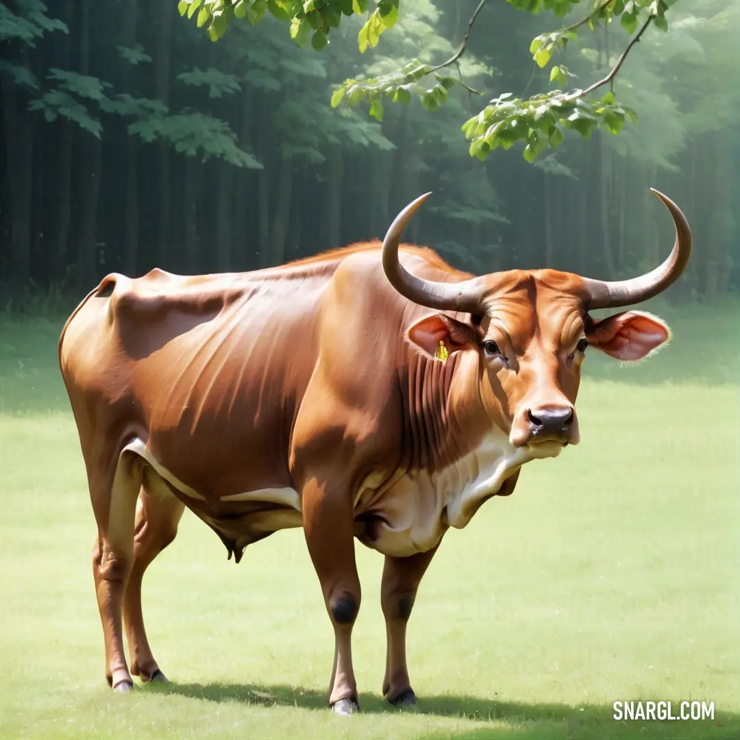 Brown cow standing in a field next to a tree and a forest in the background