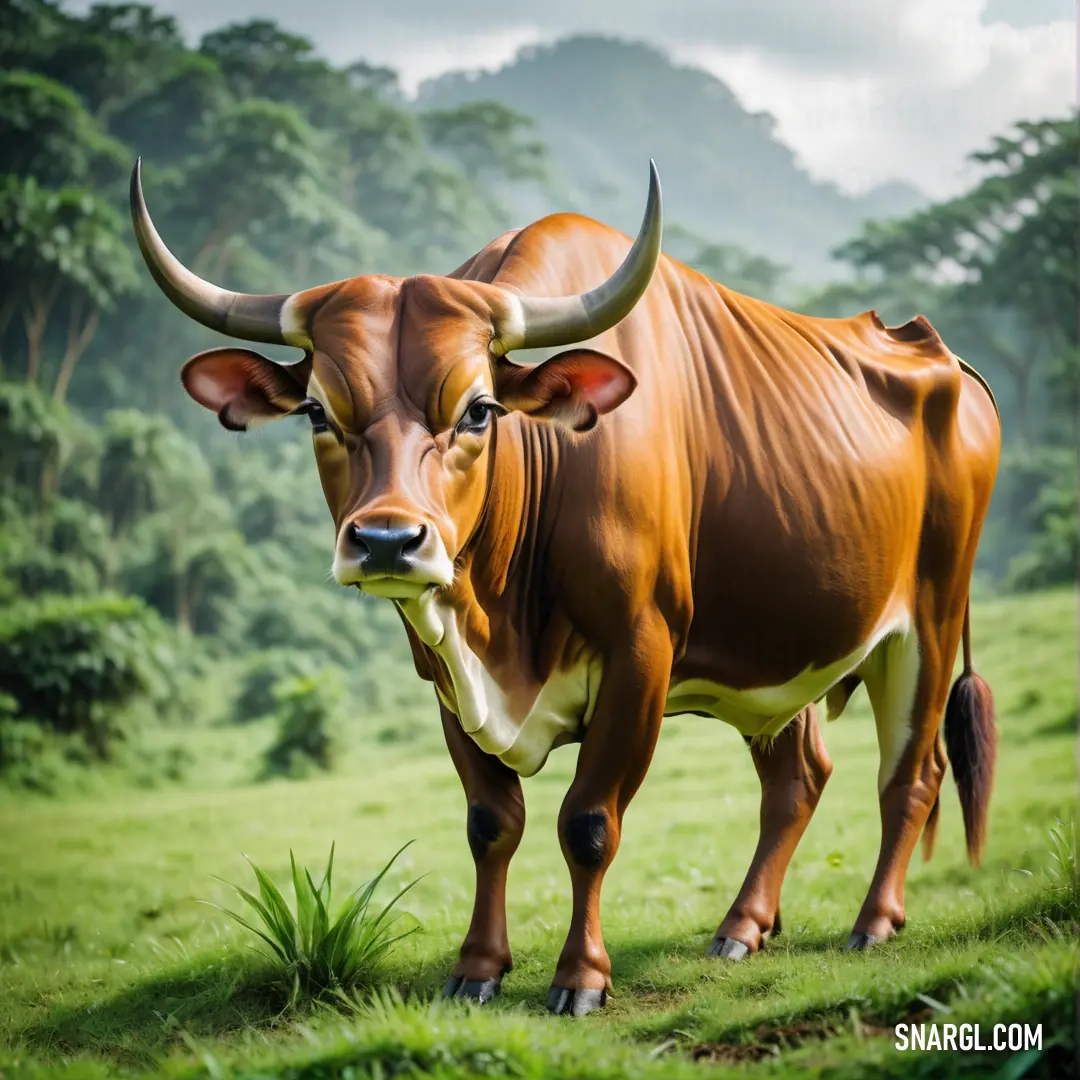 Brown cow standing on top of a lush green field next to a forest filled with trees and bushes