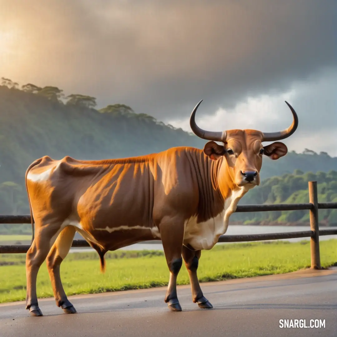 Brown cow standing on a road next to a fence and a field of grass with mountains in the background