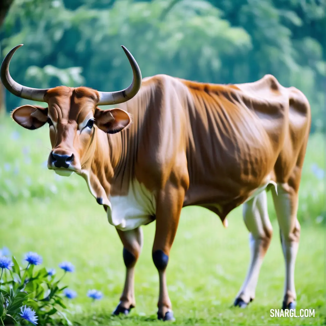 Brown cow standing in a field of grass and flowers with long horns on it's head and a blue flower in the foreground