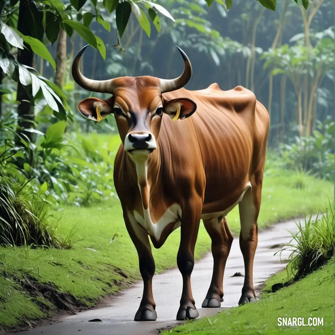 Brown cow walking down a path in the woods with trees in the background