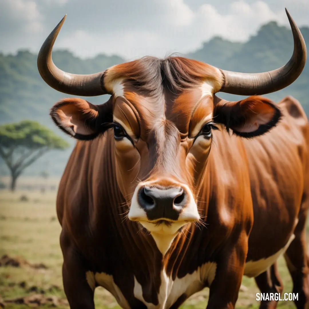 Brown cow with horns standing in a field of grass with trees in the background