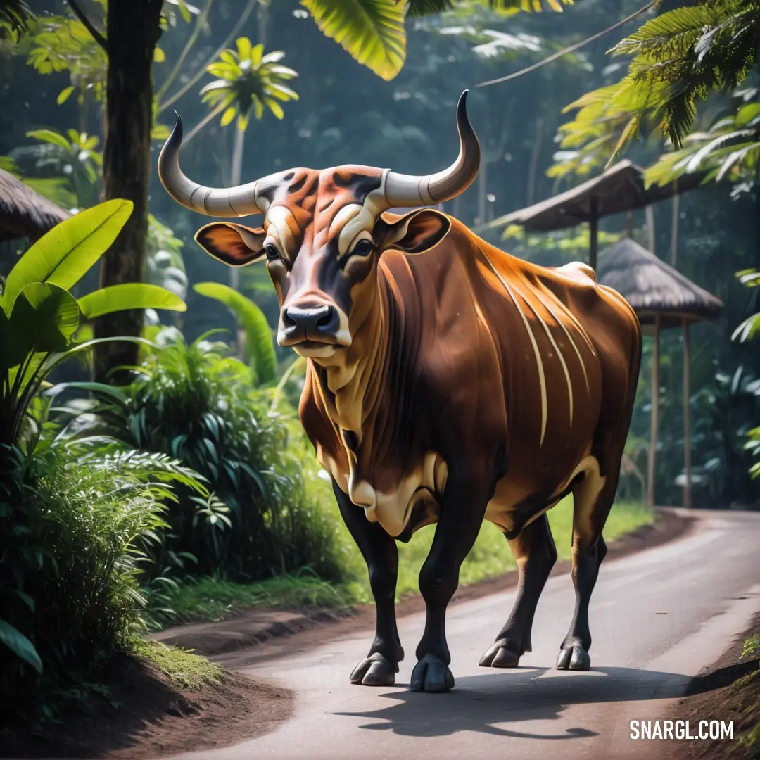 Bull with horns walking down a road in the jungle with trees and bushes behind it