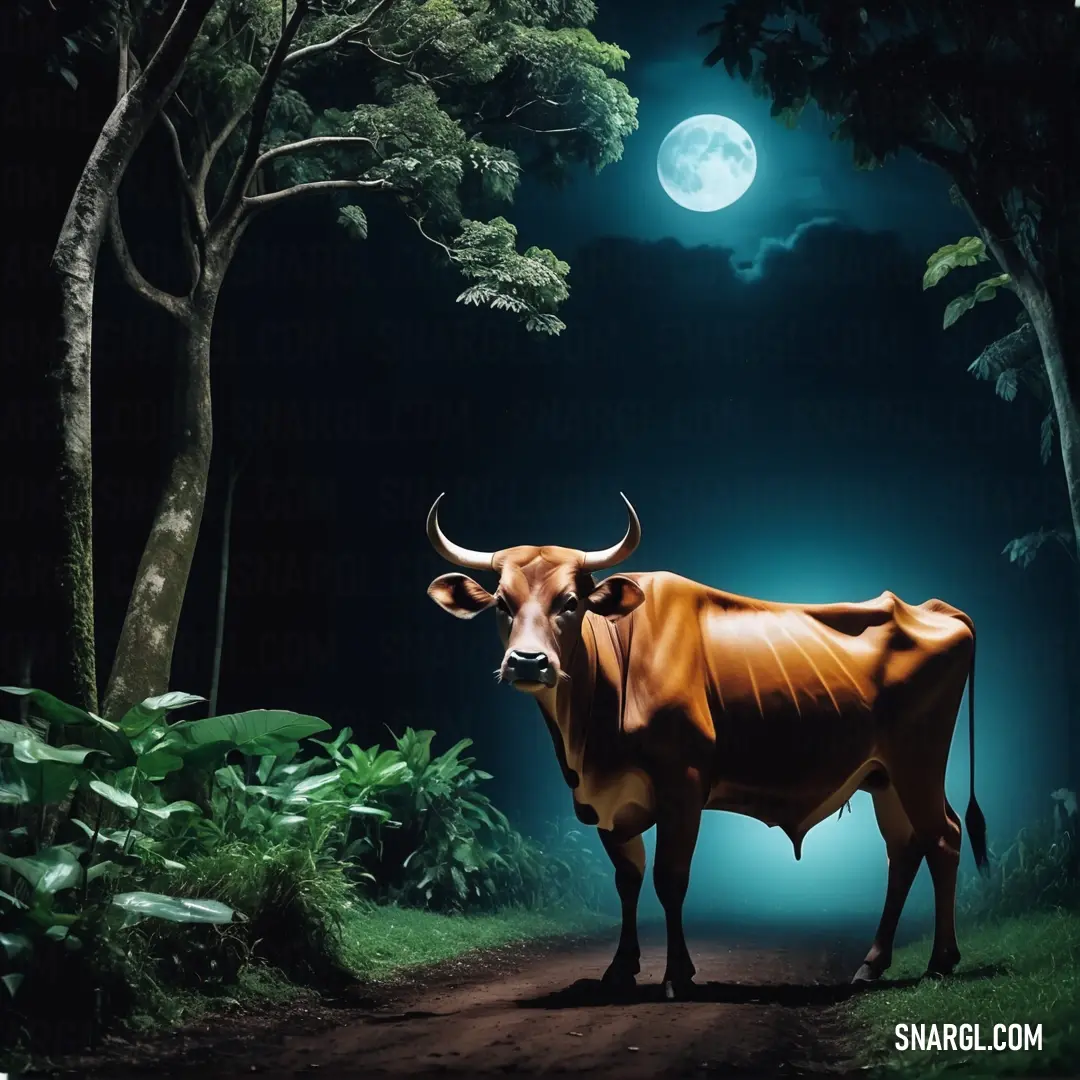 Cow standing on a dirt road in the middle of a forest at night with a full moon in the background