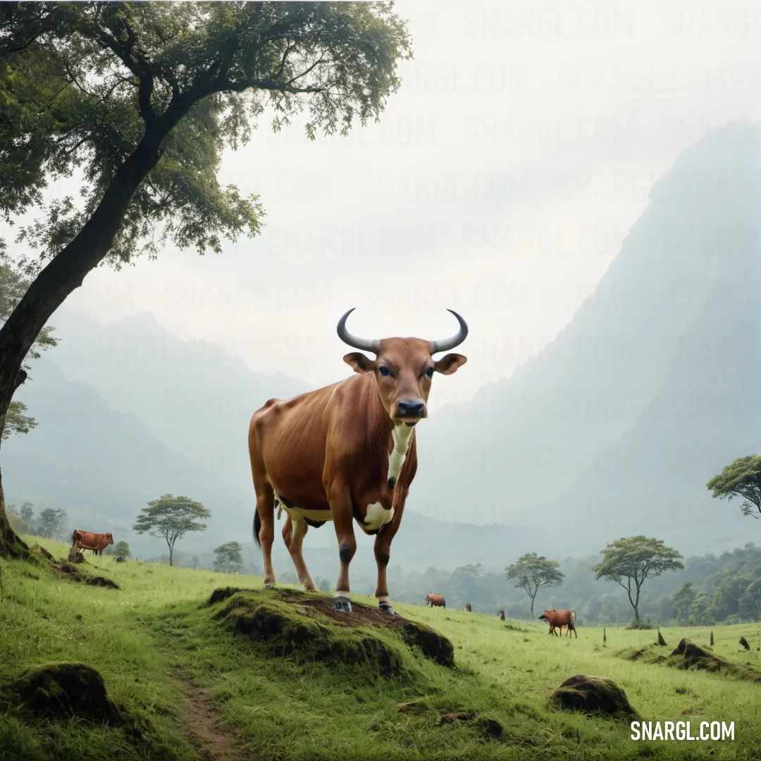 Cow standing on a hill with a tree in the background