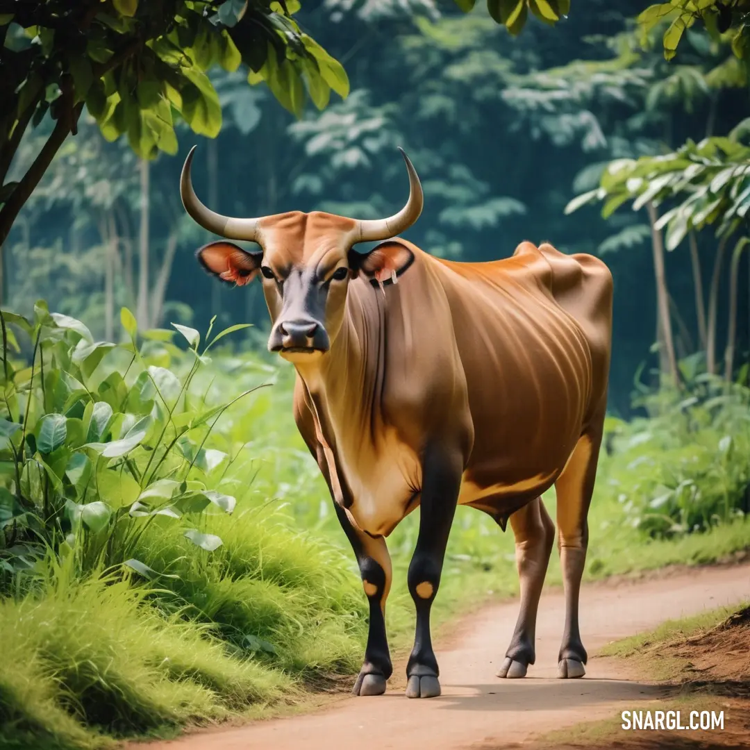 Cow walking down a dirt road in the woods with trees in the background