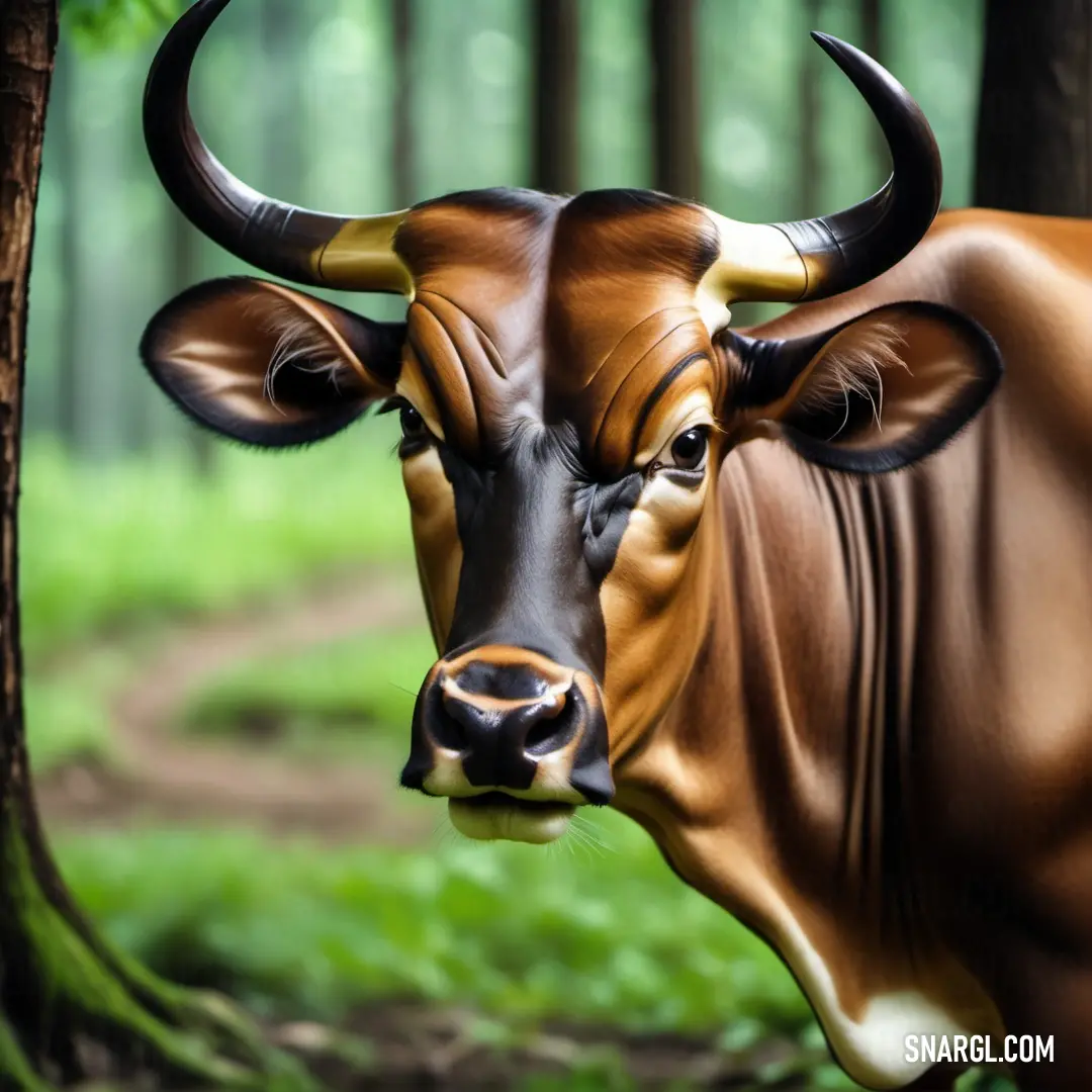 Cow with horns standing in a forest area with trees and grass in the background