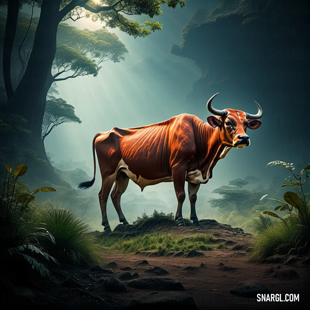 Painting of a bull standing in a forest with sunbeams and trees in the background