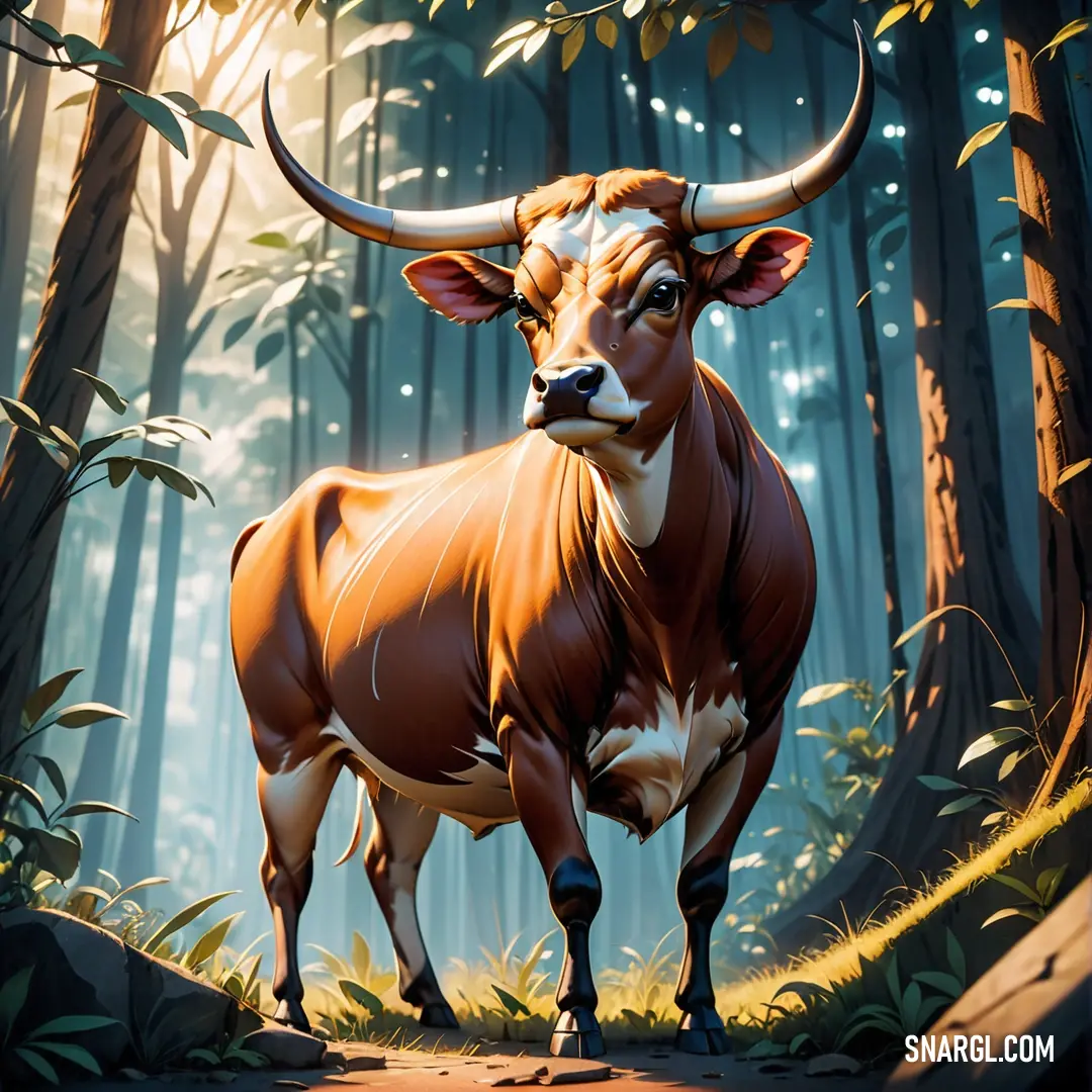 Painting of a bull standing in a forest with trees and foliages in the background