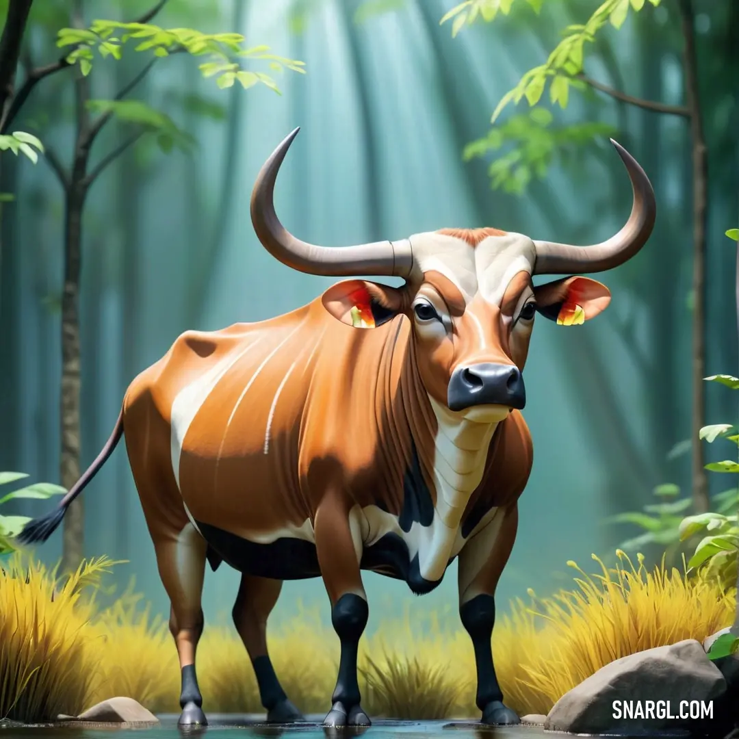 Painting of a bull standing in a forest