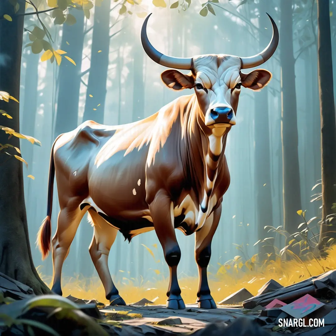 Painting of a bull standing in a forest with trees and leaves in the background