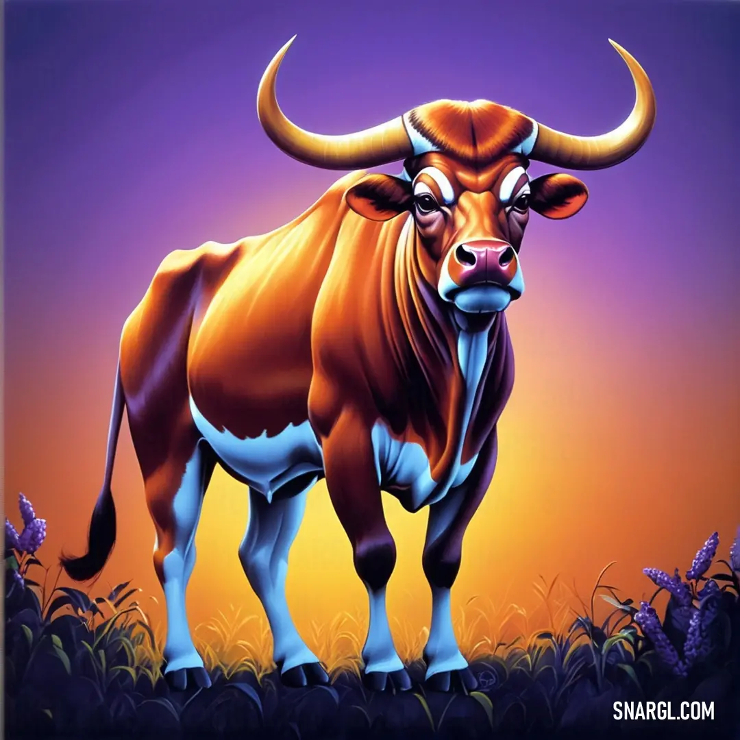 Painting of a bull standing in a field of grass with purple flowers in the background