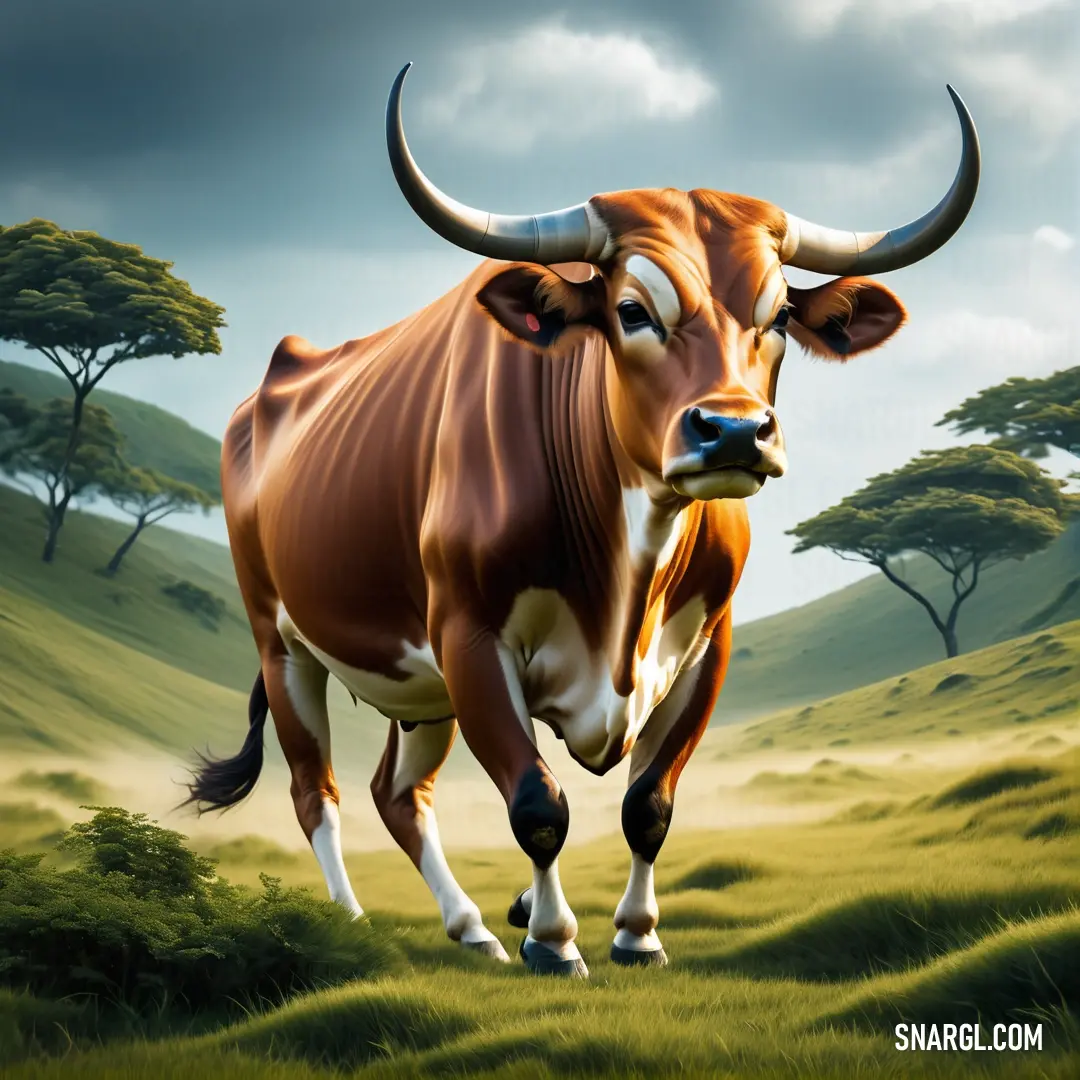 Painting of a cow in a field with trees in the background