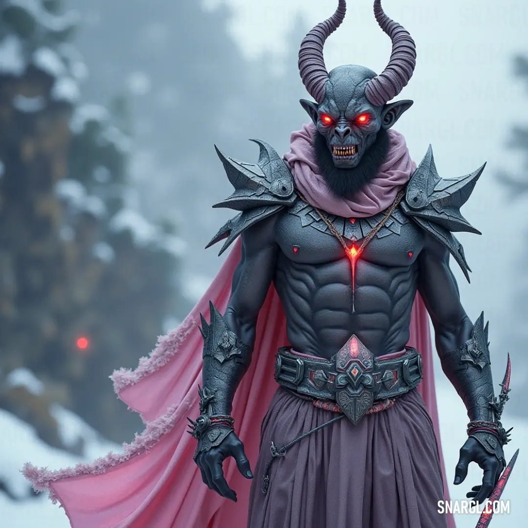 Baphomet, resplendent in a majestic costume with horns and a flowing cape, gazes fiercely into the realm beyond, his glowing eyes reflecting an ancient power that captivates and intimidates. Baphomet, a striking figure adorned in an elaborate horned costume and flowing cape, stands with glowing eyes that pierce the darkness. His demonic visage looms large, inviting both awe and fear with the intense energy radiating from his formidable form.