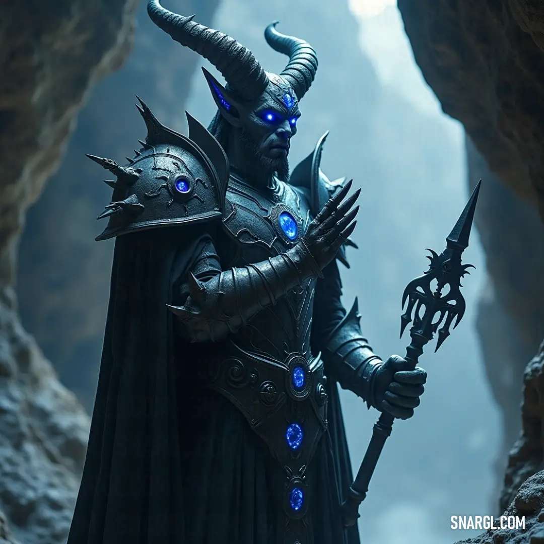 Baphomet, dressed in a dark, mysterious costume, holding a sword in a shadowy cave, with his piercing blue eyes glowing. Baphomet, clad in a dark costume, stands in a shadowy cave. His horns curve menacingly as his blue eyes glow intensely, and he grips a sword with a sense of authority and mystery in this eerie setting.