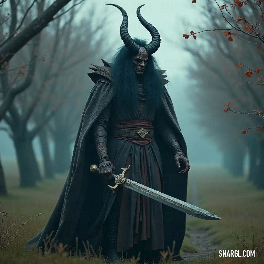 In a striking visual, Baphomet appears both formidable and elegant as he raises his sword proudly, draped in a striking black ensemble that hints at the mysteries and power he encapsulates in the shadows of his realm. A majestic Baphomet donned in black, brandishing a sword, stands confidently amidst an otherworldly scene, the glint of his weapon contrasting against the dark elegance of his horned attire.