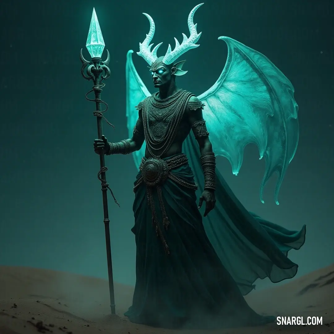With a commanding stance, Baphomet stands in an atmosphere rich with intrigue, wielding a staff and a light bulb that mingle the realms of the mystical and the intellectual, drawing the viewer into a realm of deep symbolism. Baphomet, a figure of enigma, holds a staff and light bulb, standing tall with an impressive horned visage, embodying a mix of mystique and power against a backdrop of shadow and light.