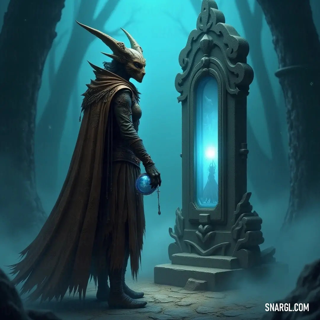Barachiel in a whimsical costume by an ancient forest door, accompanied by a playful demon perched on his head. A mystical figure dressed as Barachiel stands confidently beside an ancient door nestled deep within an enchanted forest, a small demon playfully perched atop his horned head, casting a whimsical touch to the serene woodland scene.