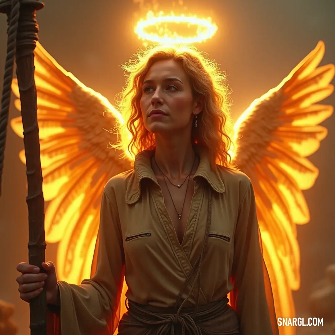 Barachiel holding a staff, surrounded by a luminous halo in a serene and lush environment. Barachiel holds a powerful staff in her delicate hand, the ethereal glow of her halo casting a divine light around her in a lush, mystical setting that embodies serenity and strength.