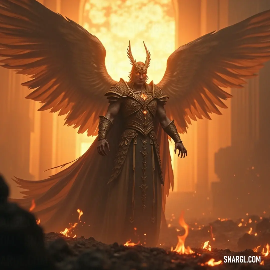 Barachiel stands tall in a fiery landscape, his wings spread wide as a monstrous demon-like head looms over his shoulders. The flames rage around him, highlighting his resolute stance against the chaos.
