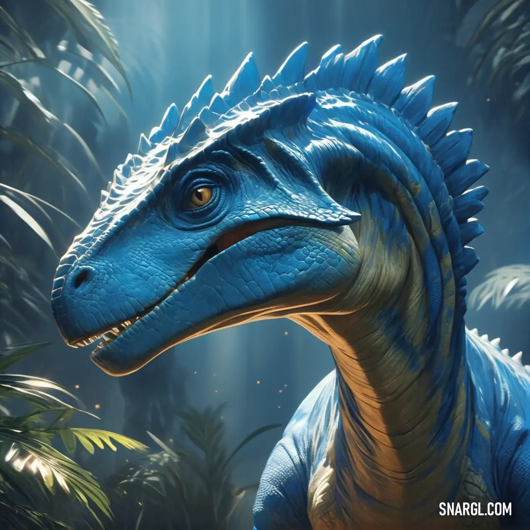 Blue dinosaur with a large head and long neck standing in a jungle area with plants and trees around it