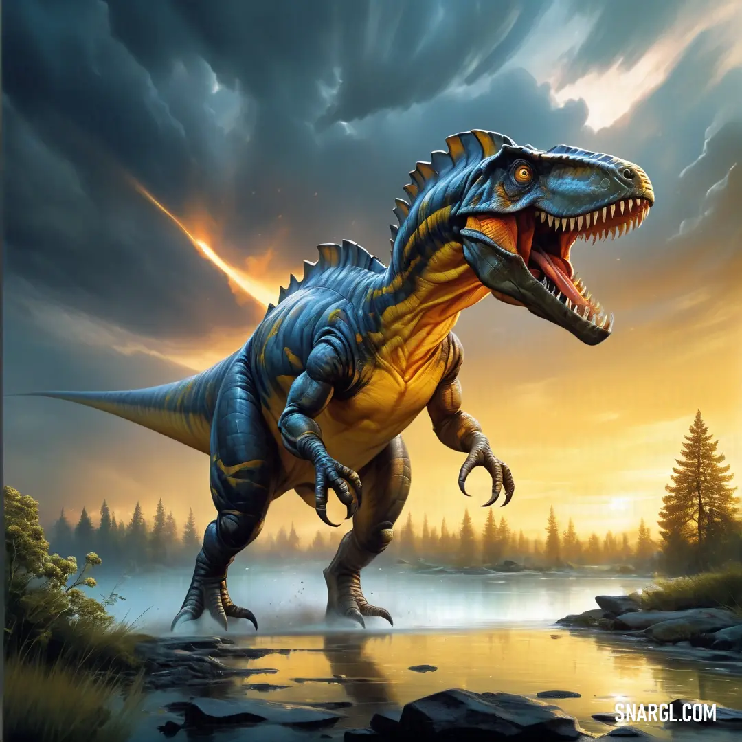 Barapasaurus is walking in the water with a sunset in the background and clouds in the sky above it