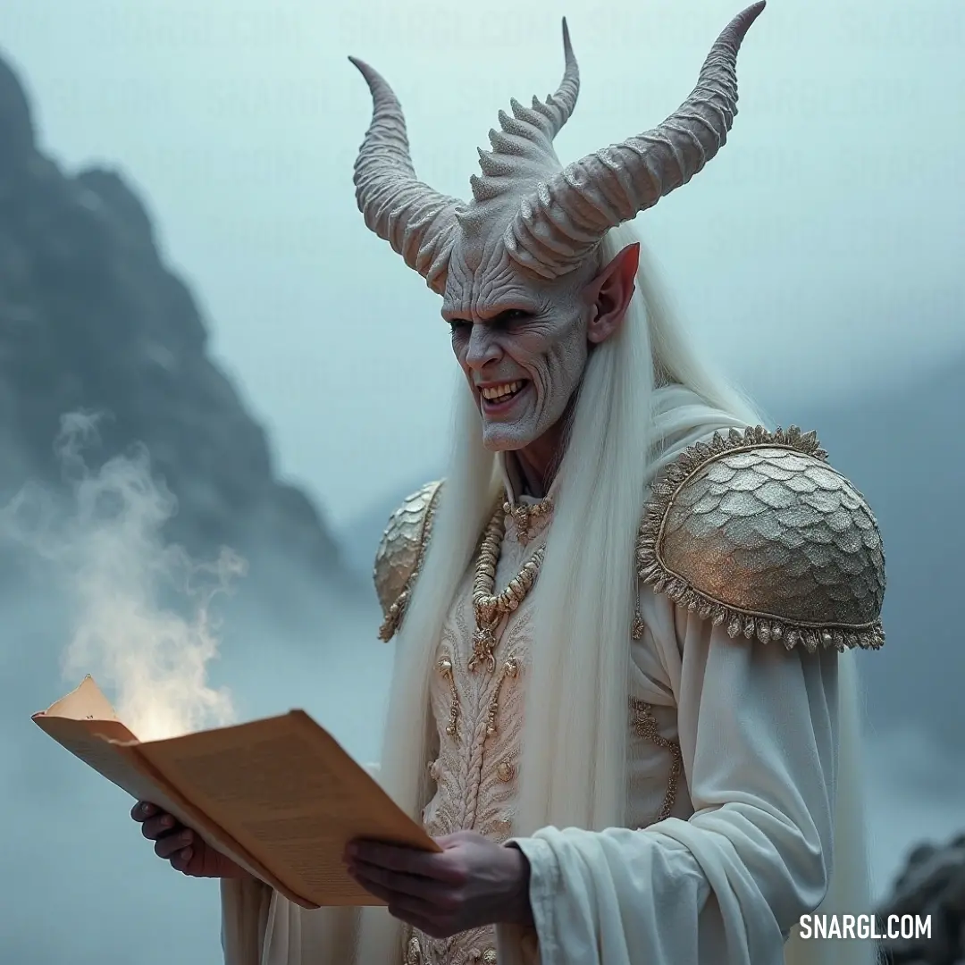 Barbas in his immaculate white ensemble, book in hand, embodies knowledge and power, while the formidable horns above him suggest a distinguished presence worthy of reverence. Barbas, dressed in striking white attire, holds a leather-bound book, his imposing horns adding a regal touch. He stands confidently, exuding wisdom and an aura of mystery beneath the layered folds of his garment.