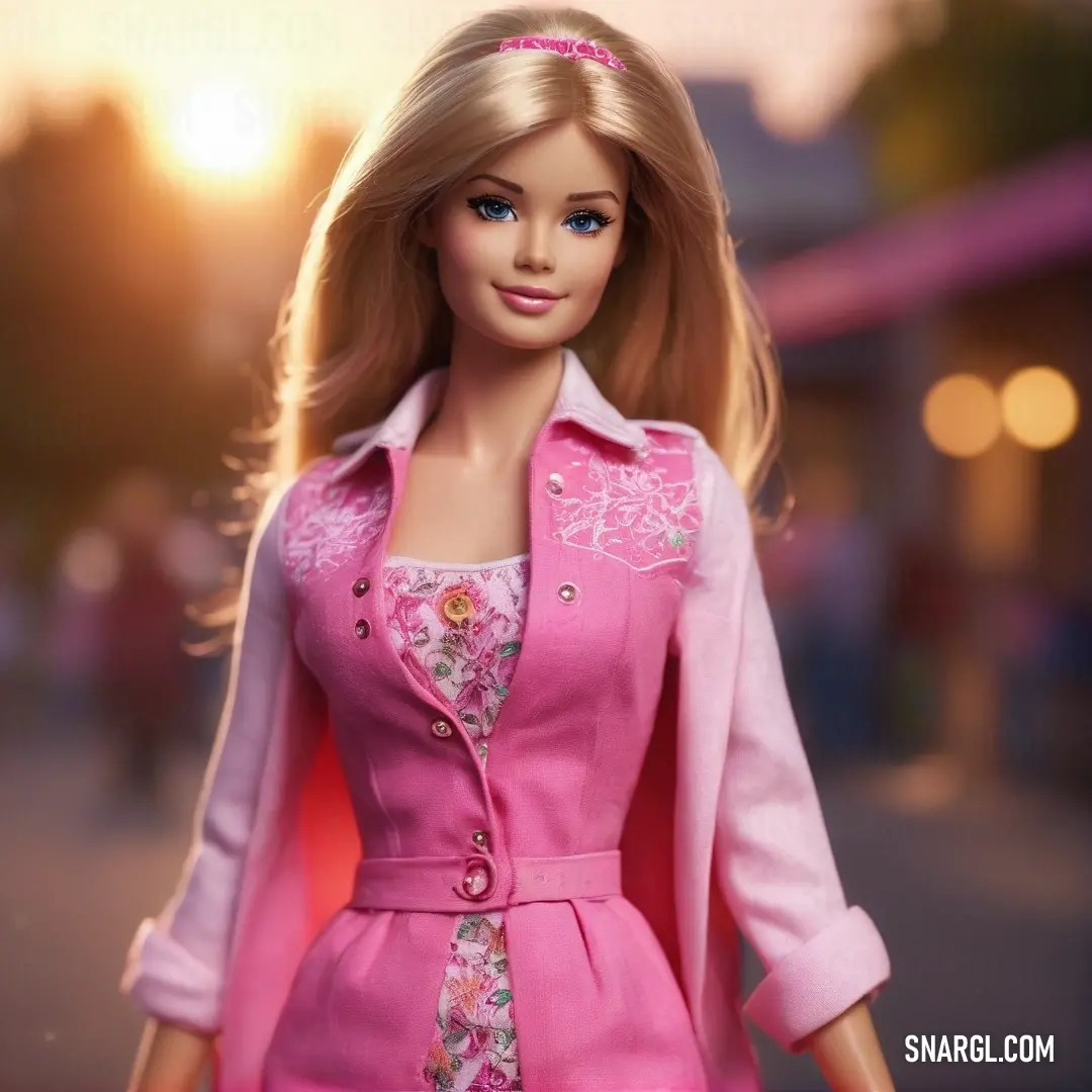 Cute doll wearing a pink dress and jacket with a pink flowered headband