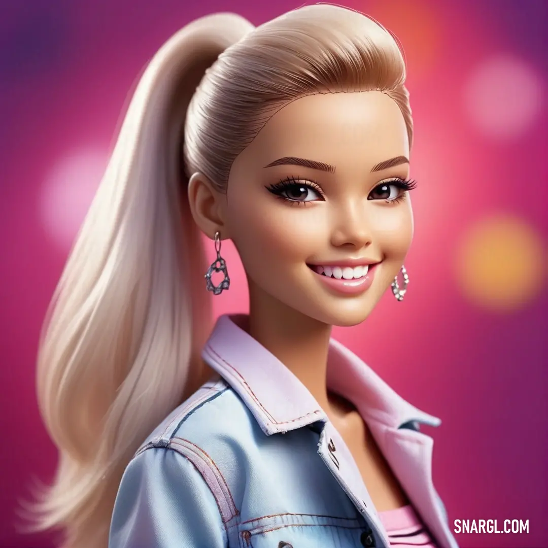 Cute doll with a ponytail and a denim shirt on, smiling at the camera, with a pink background