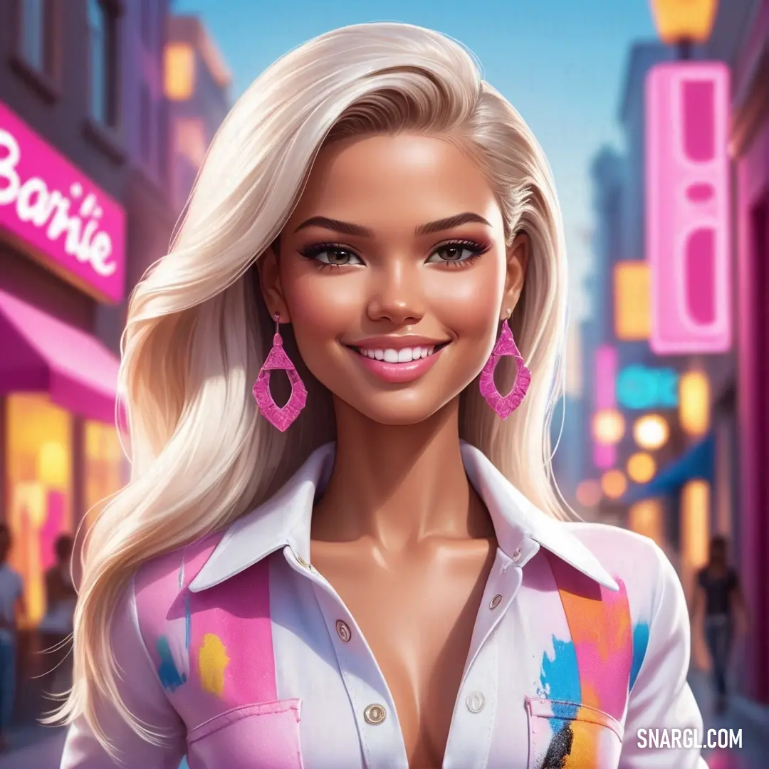 Cute doll with blonde hair and pink earrings on a city street at night time with neon lights