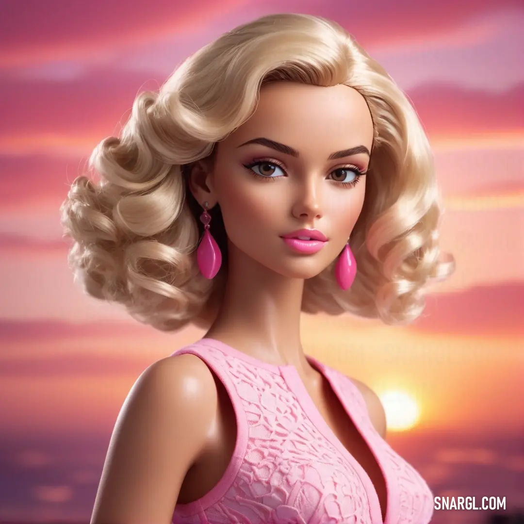 Cute doll with blonde hair and pink dress in front of a sunset background