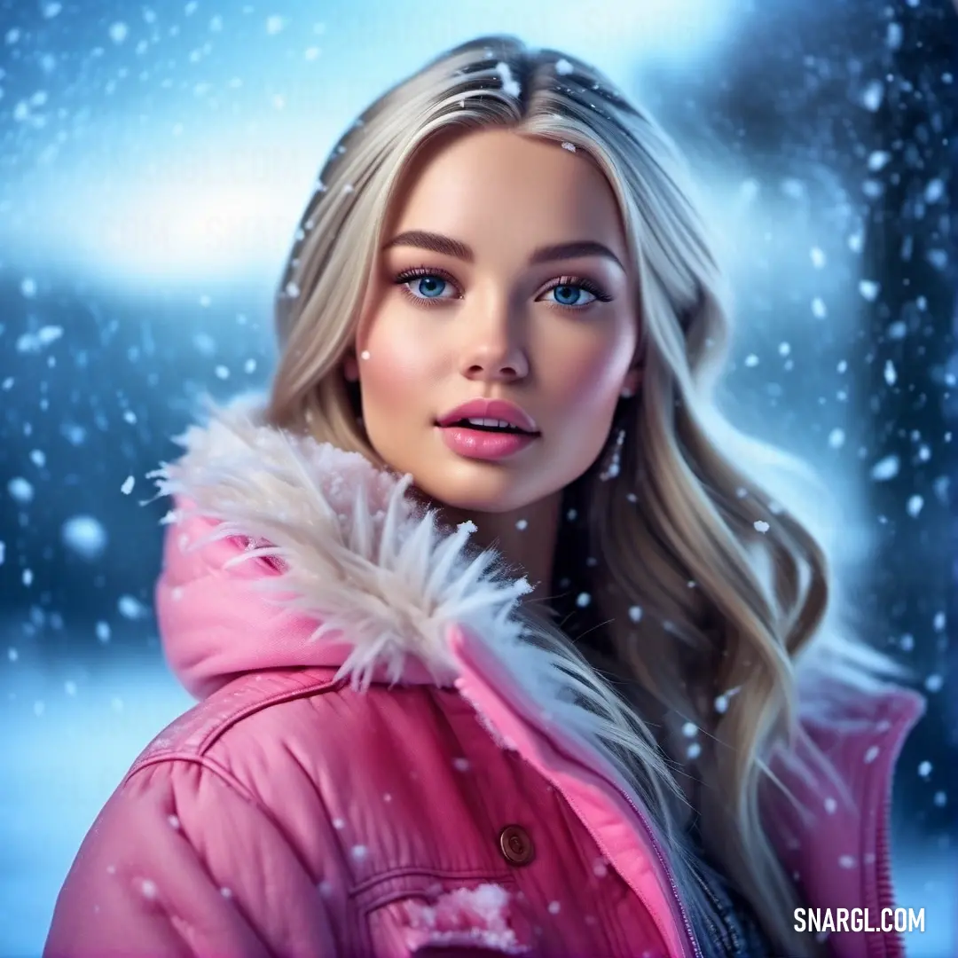 Painting of a woman in a pink coat in the snow with a blue background